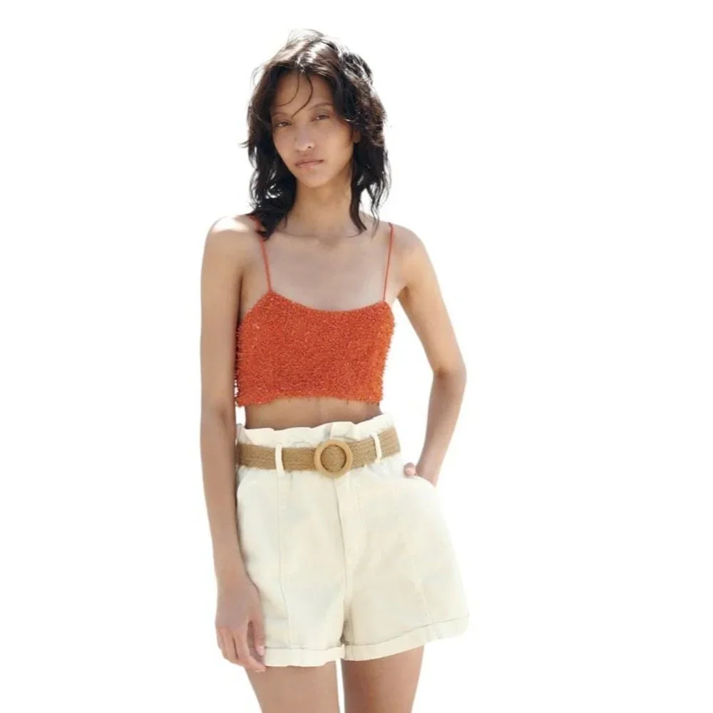 ZARA BELTED BAGGY Z1975 DENIM SHORTS Ecru SIZE 2 | 5862/151 Beige